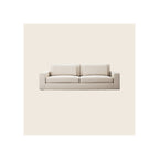 Sofa, cream woven fabric upholstery, wide square arms, two-seat cushion, front-facing view