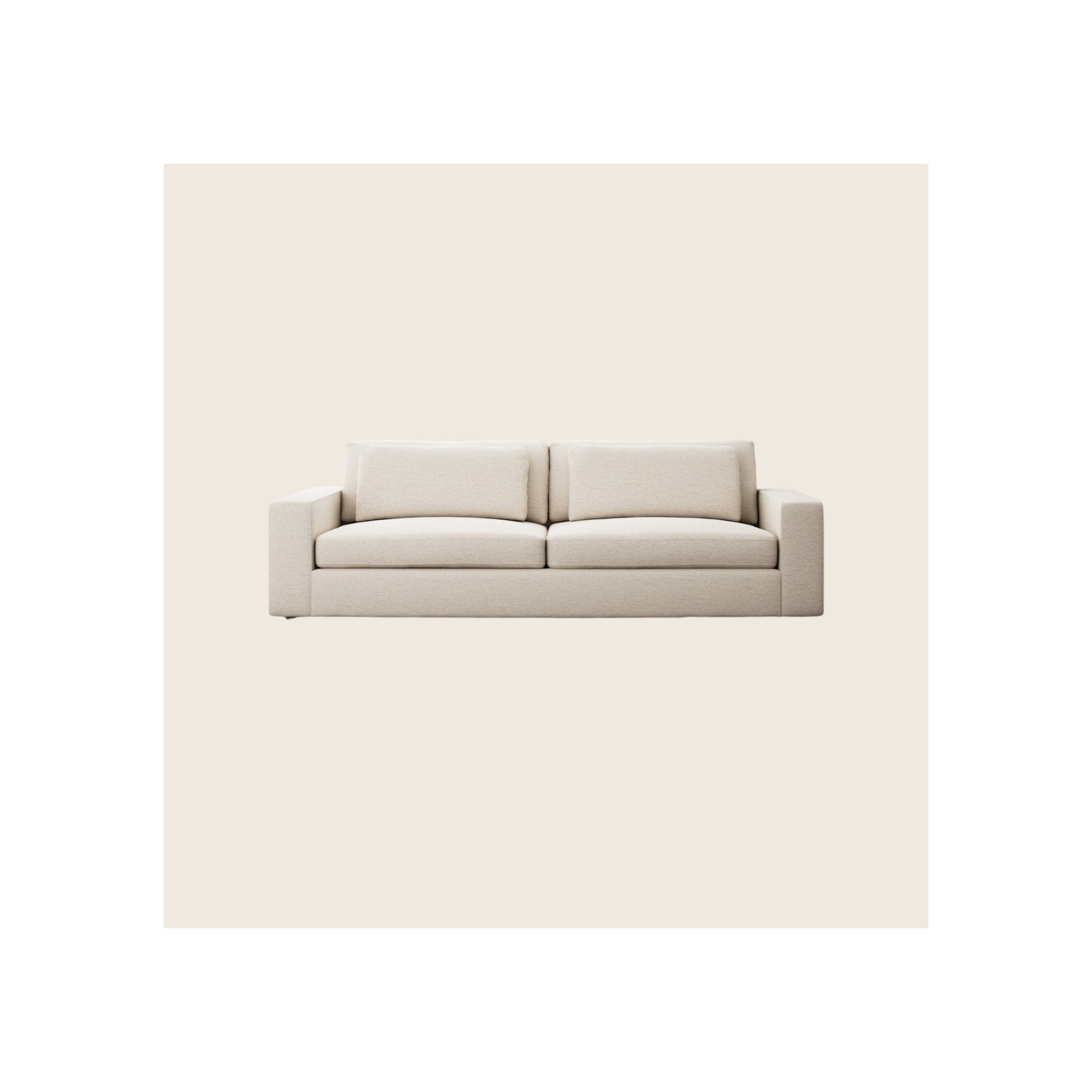 Sofa, cream woven fabric upholstery, wide square arms, two-seat cushion, front-facing view