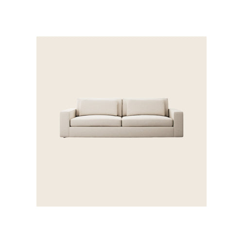 Sofa, cream woven fabric upholstery, wide square arms, two-seat cushion, front-facing view