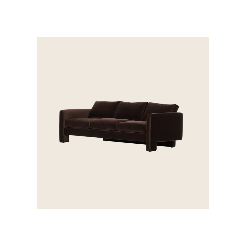 Sofa, dark chocolate-brown velvet upholstery, three-seat, angled three-quarter view