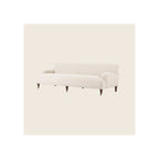Sofa in cream bouclé fabric with dark walnut tapered legs and caster wheels, angled view