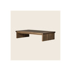 Coffee table in dark brown reclaimed wood finish, low-profile rectangular silhouette, panel legs