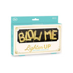 Party candle set in teal and cream retail box, gold balloon-letter candles spelling BLOW ME