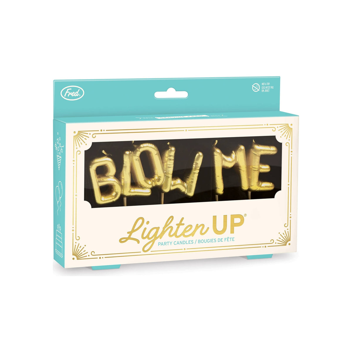 Party candle set in teal and cream retail box, gold balloon-letter candles spelling BLOW ME