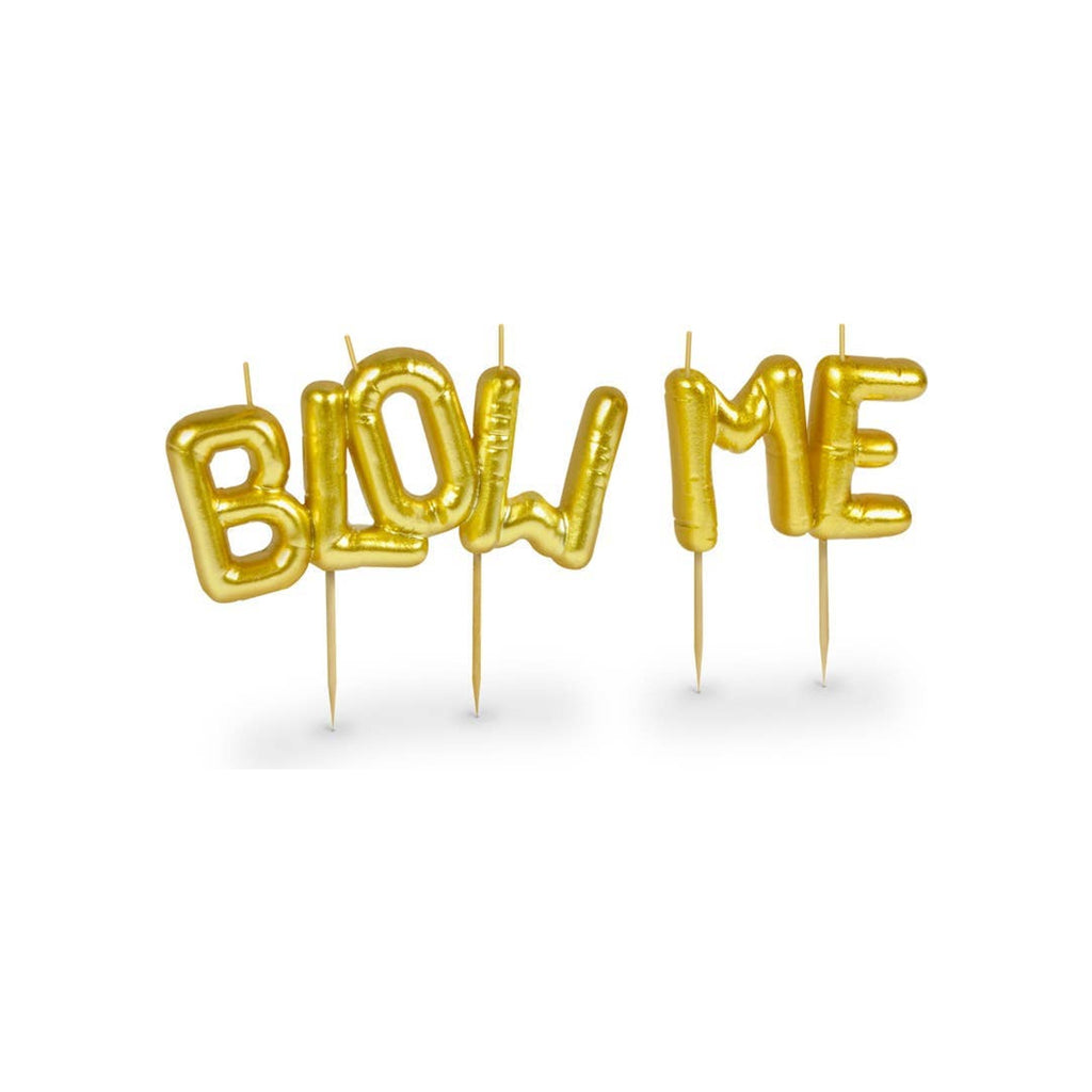 Gold metallic balloon-letter cake candles spelling BLOW ME on wooden picks