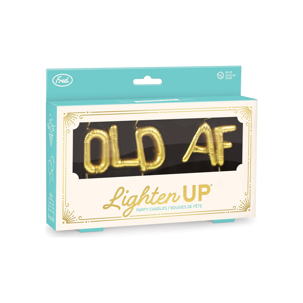 Party candle set in teal and cream retail box, gold balloon-letter candles spelling OLD AF, front-facing