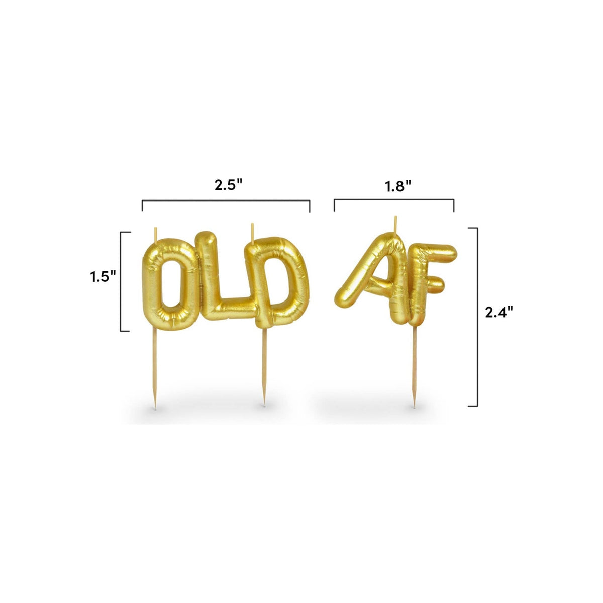 Gold balloon-style letter cake toppers spelling OLD AF on wooden picks