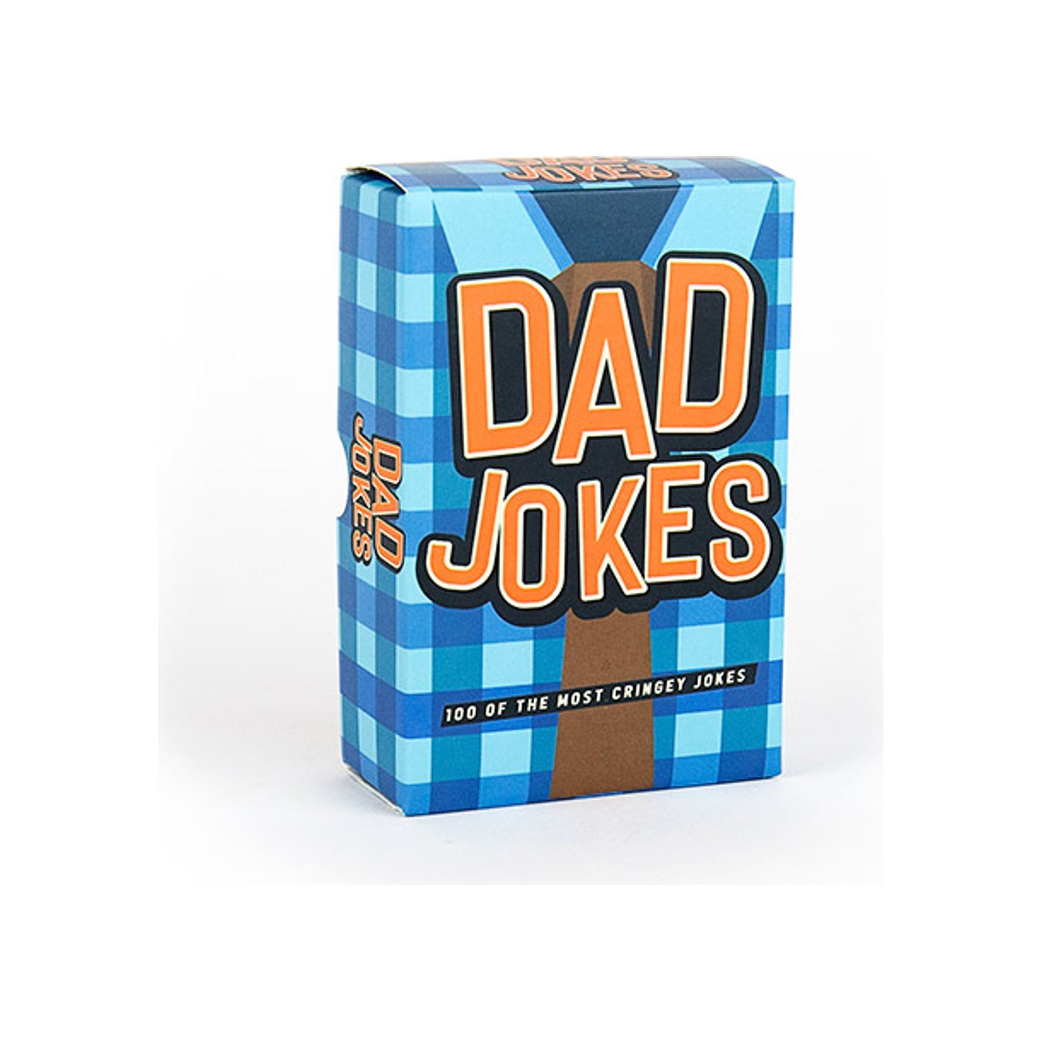 Dad Jokes card game box, blue plaid pattern with orange bold lettering, upright angled view