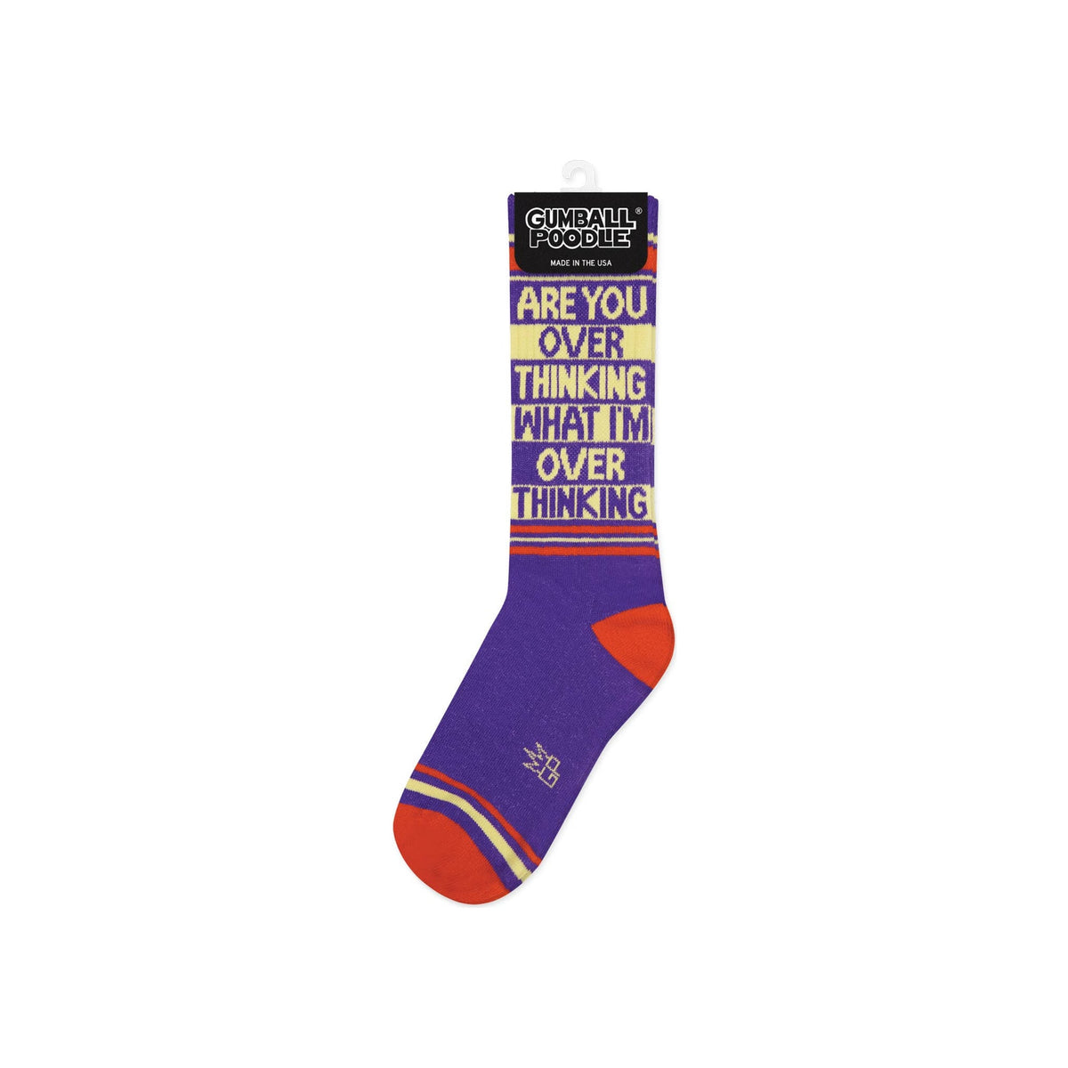 Crew sock, purple with red heel and toe, yellow text reading "Are You Over Thinking What I'm Over Thinking," displayed upright with hang tag