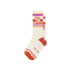 Crew socks, cream with orange red heel and toe, multicolor stripes and "Full Time Lesbian" knit text, pair overlapping flat lay