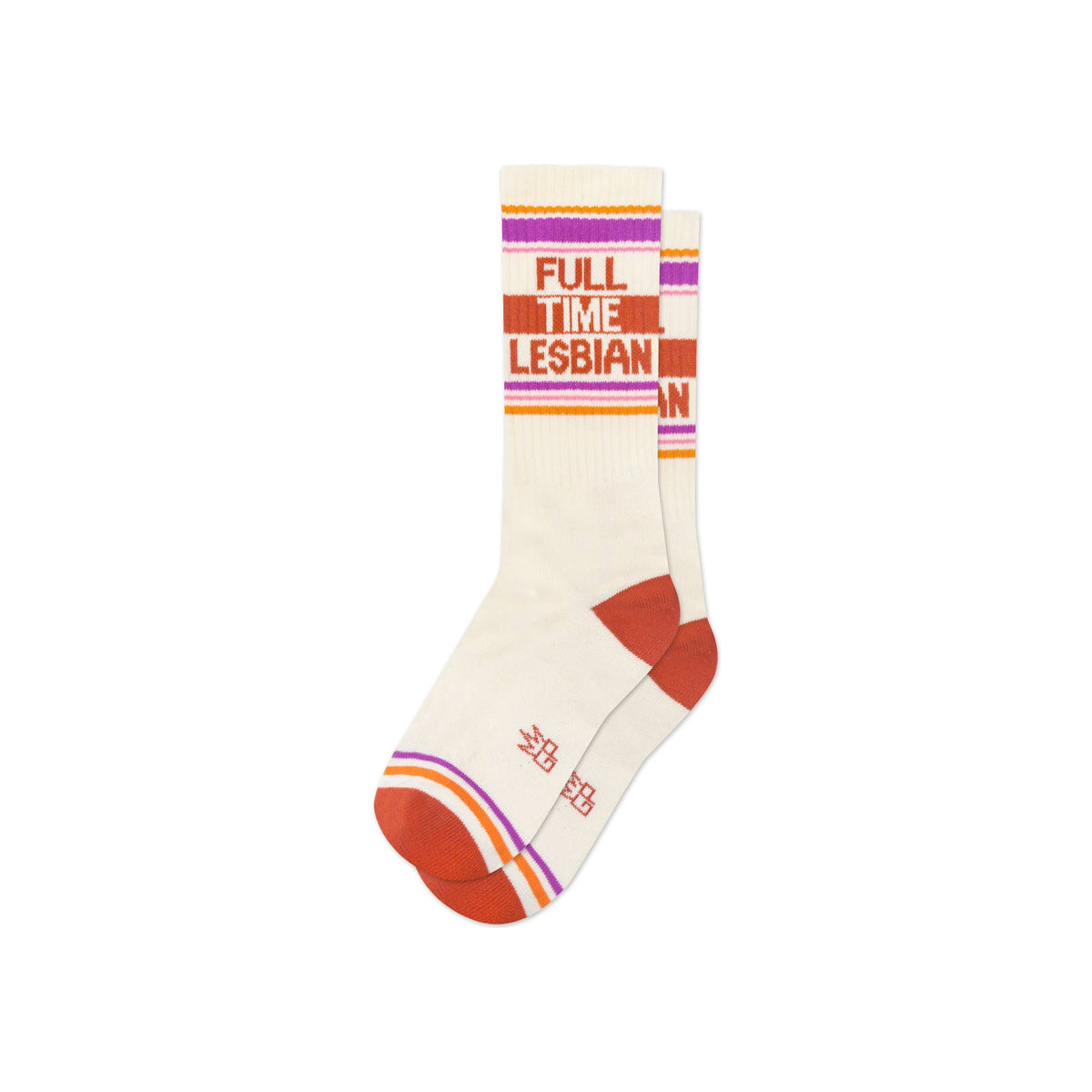 Crew socks, cream with orange red heel and toe, multicolor stripes and "Full Time Lesbian" knit text, pair overlapping flat lay