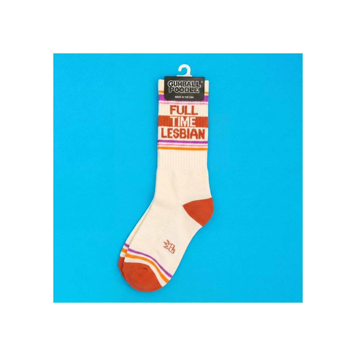 Cream crew sock with rust, purple, and orange stripes reading Full Time Lesbian, flat lay