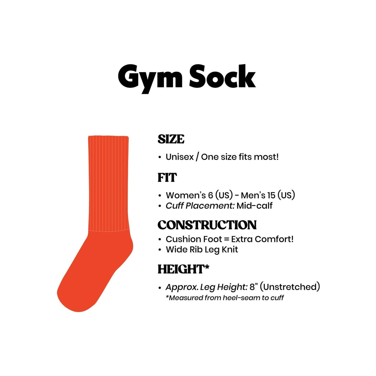 Sock, orange ribbed mid-calf crew gym sock, upright isolated on white background