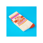Crew socks, cream ribbed knit, rust toe and heel, purple orange pink stripes, "Full Time Lesbian" text, folded flat