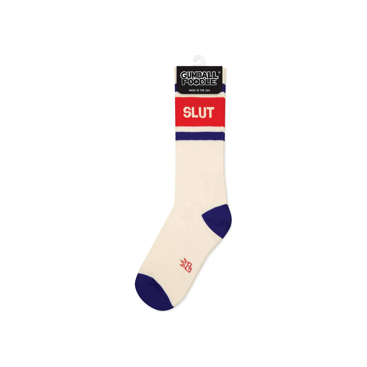 Crew sock, cream with red cuff panel, navy blue stripes, heel, and toe