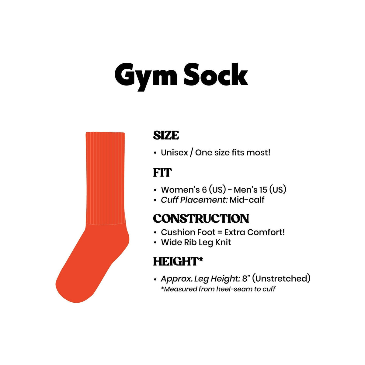 Sock, orange ribbed mid-calf crew gym sock, upright isolated view on white background