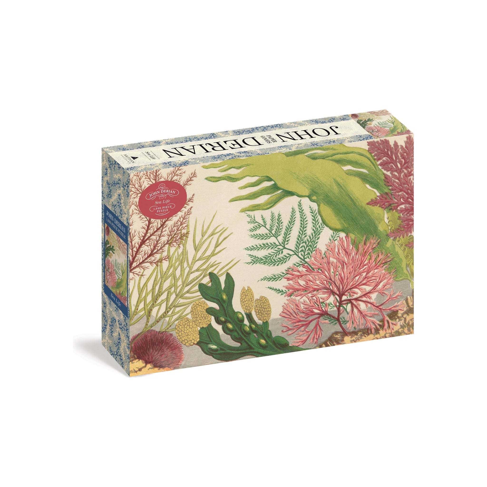 Puzzle box, John Derian Sea Life 1000-piece, botanical sea-plant illustration, angled three-quarter view