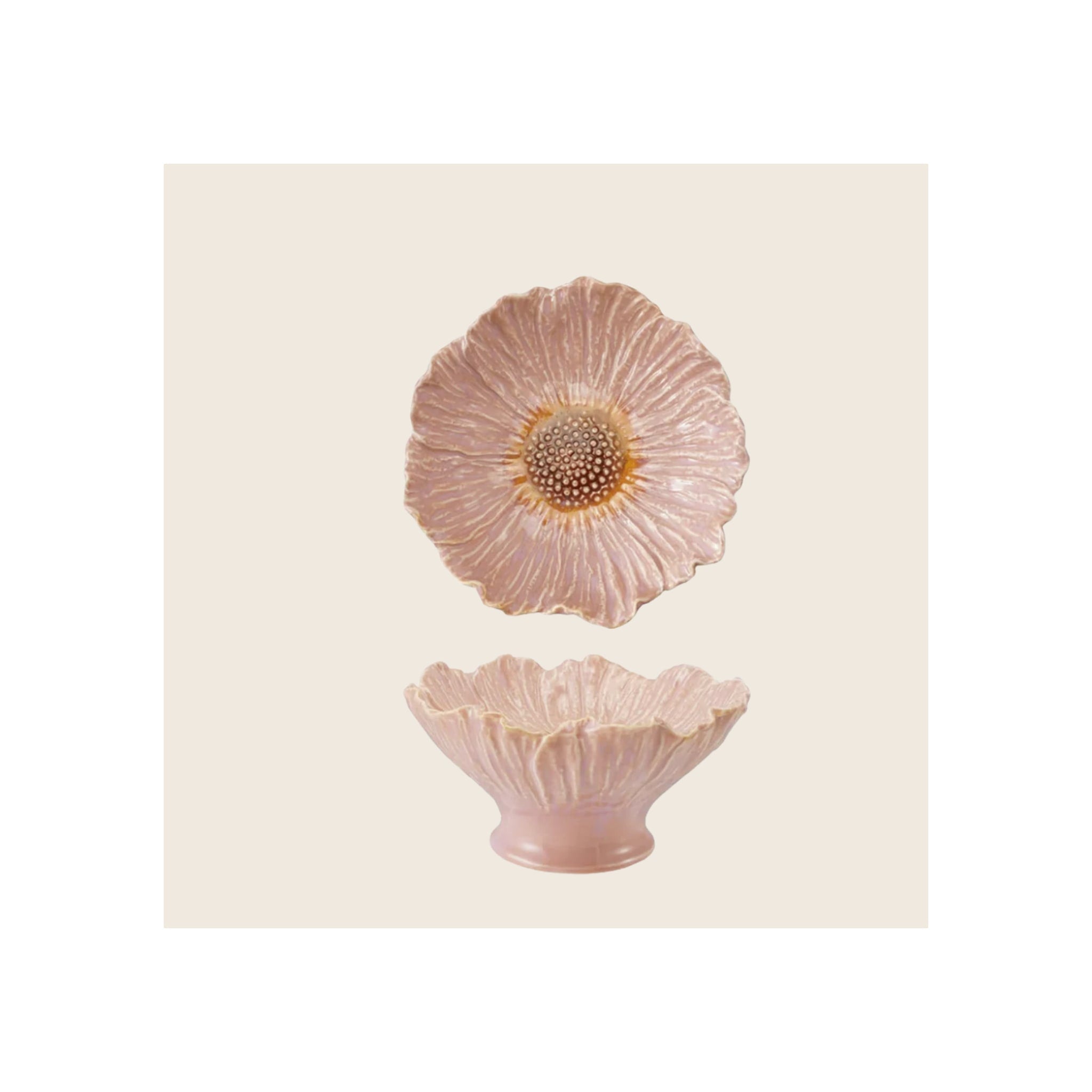 Stoneware flower-shaped pedestal bowl and plate, blush pink glazed ceramic, top and side views