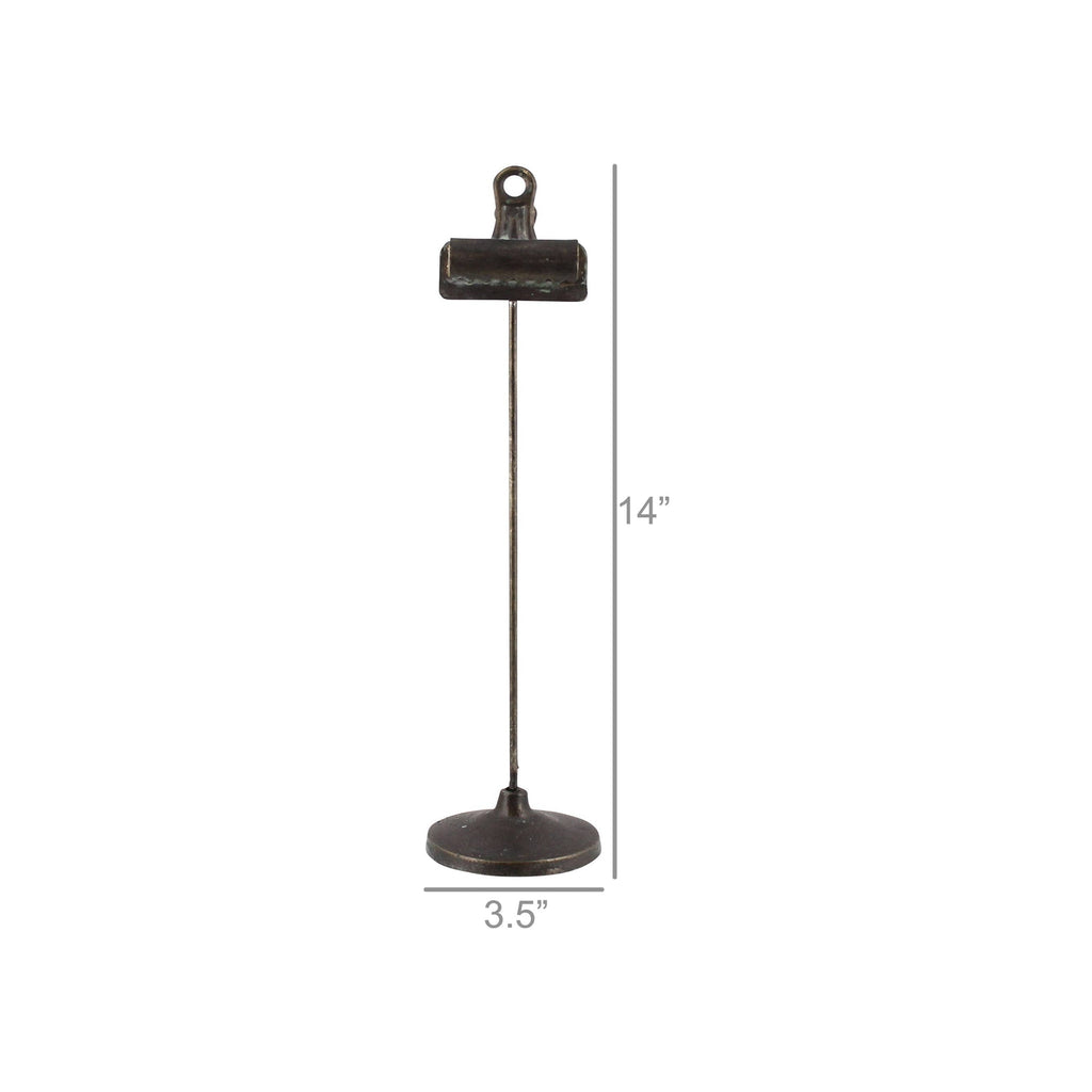 Clip-on stand, dark bronze metal finish, tall rod with binder clip top and round base