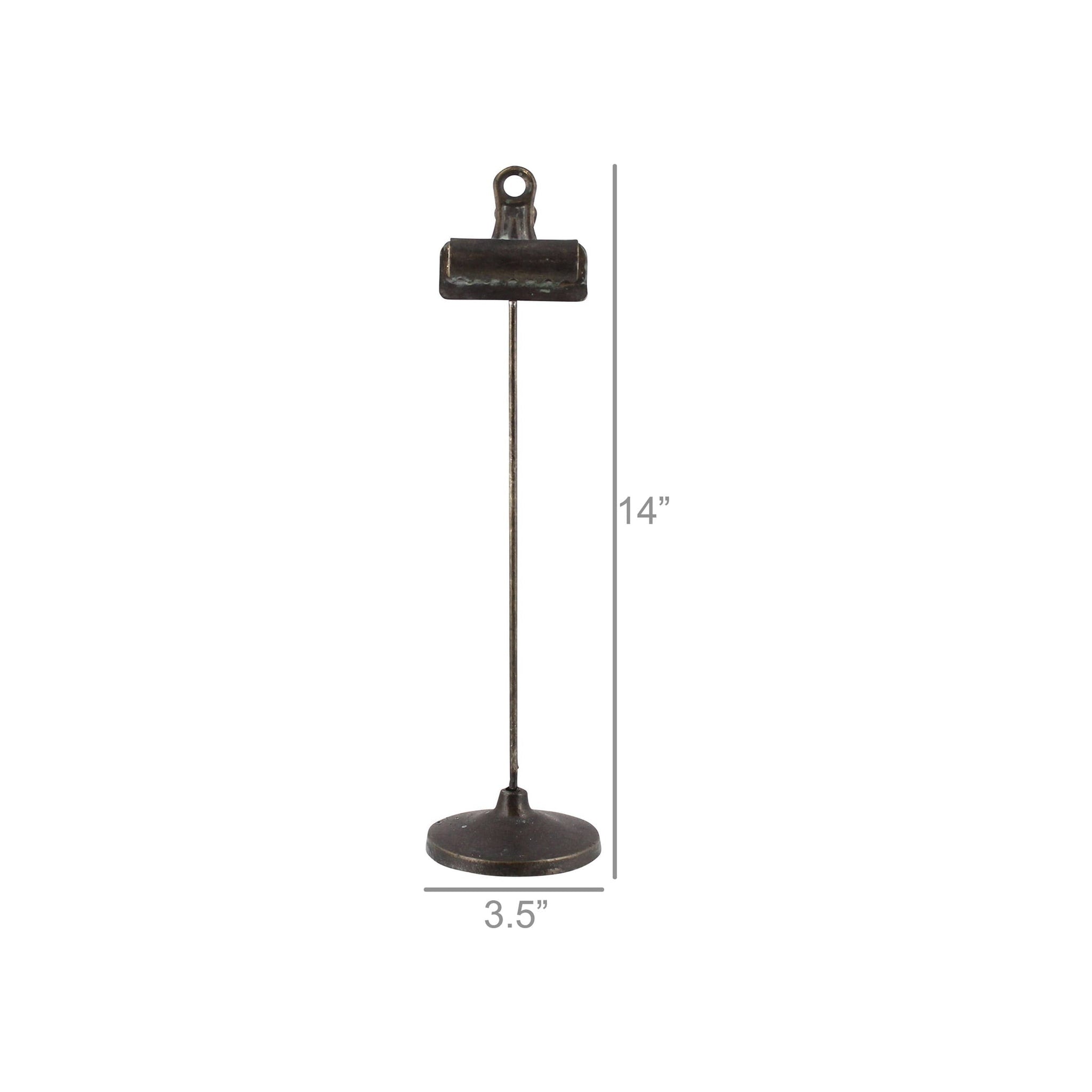 Clip-on stand, dark bronze metal finish, tall rod with binder clip top and round base