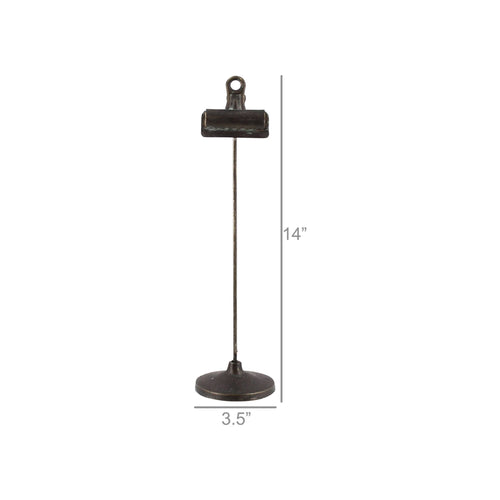 Clip-on stand, dark bronze metal finish, tall rod with binder clip top and round base