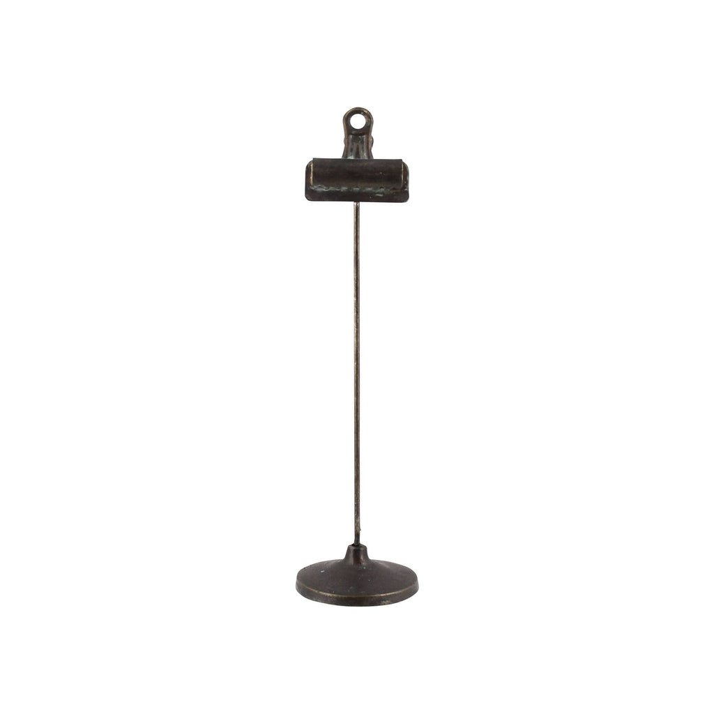 Clip-on stand with bulldog clip, tall metal rod, round base, dark black antiqued finish, upright orientation