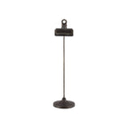 Clip-on stand with bulldog clip, tall metal rod, round base, dark black antiqued finish, upright orientation