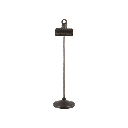 Clip-on stand with bulldog clip, tall metal rod, round base, dark black antiqued finish, upright orientation