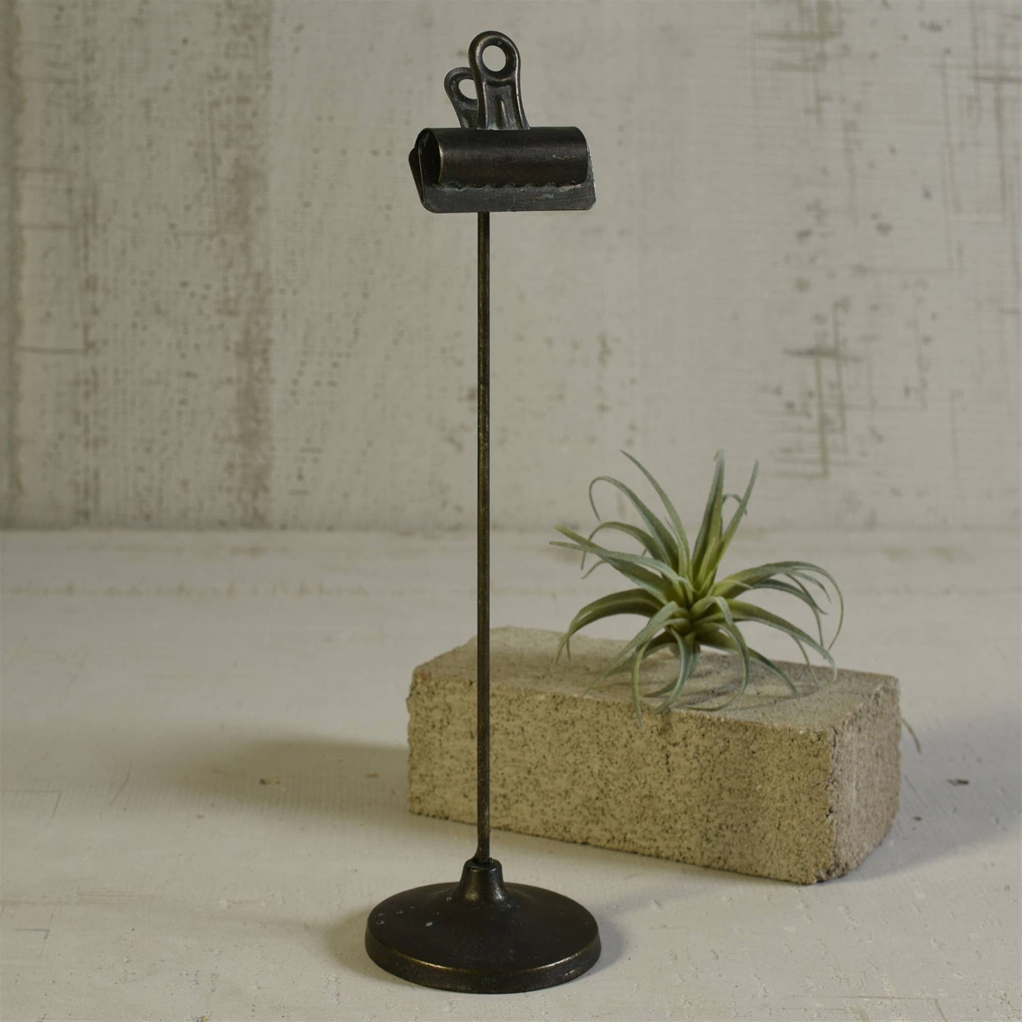 Metal clip on stand, black antiqued finish, tall rod with round base, upright