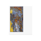 Scarf laid flat, blue ground with multicolor wildlife illustration print and fringe edges