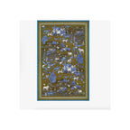 Scarf laid flat, khaki ground with blue and white animal toile print, cyan border