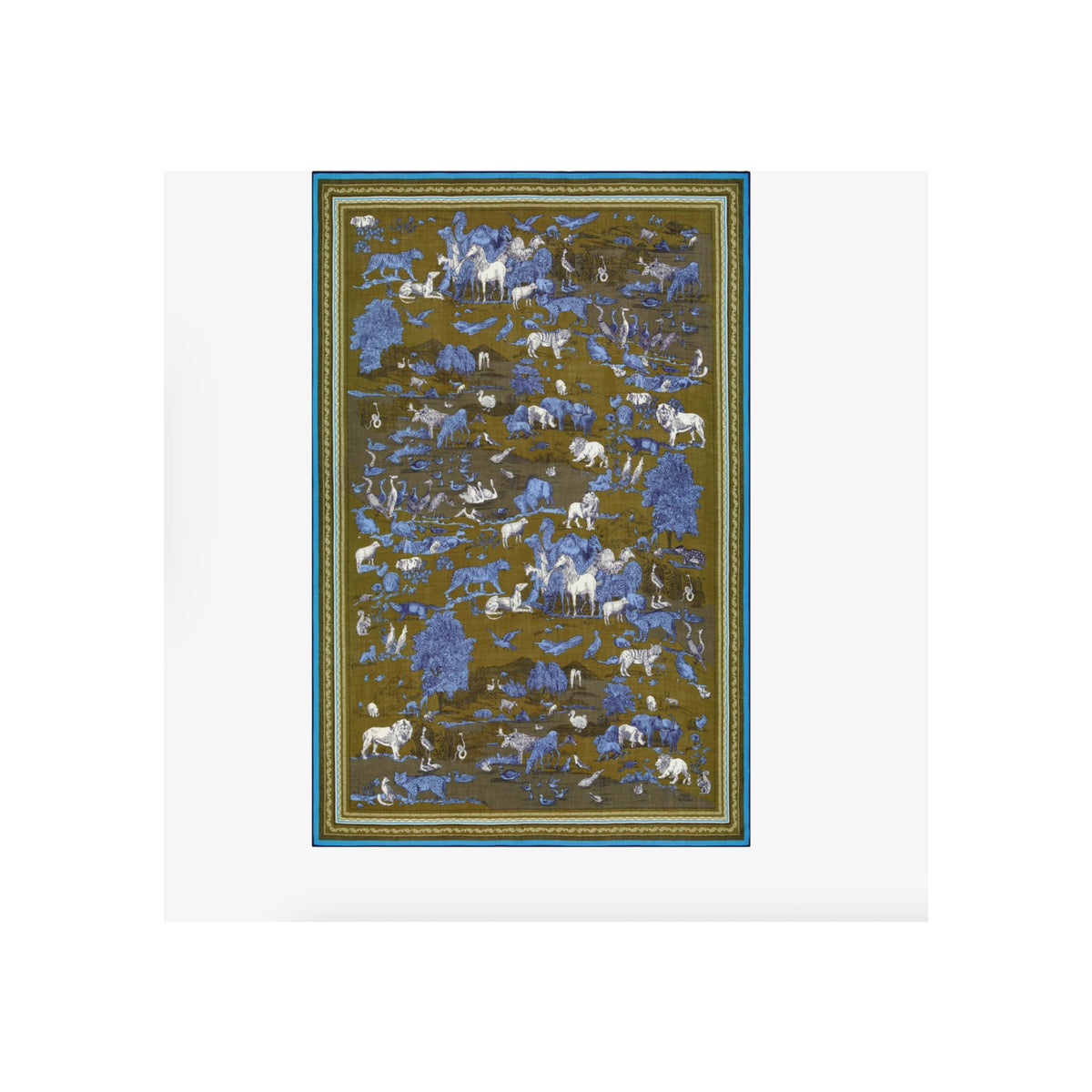 Scarf laid flat, khaki ground with blue and white animal toile print, cyan border