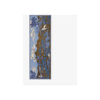 Scarf laid flat, blue and brown botanical print with clouds and monkey motif