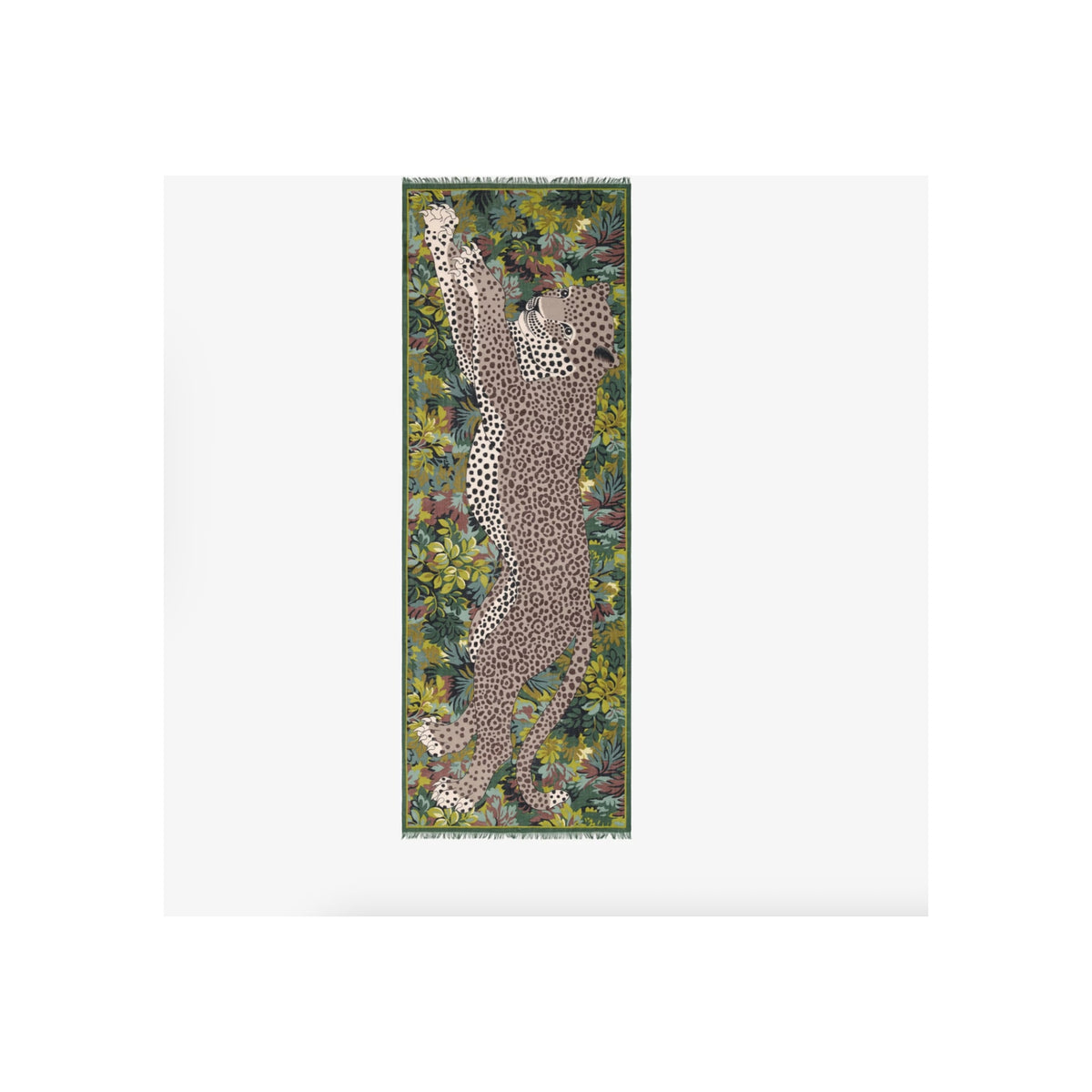 Scarf laid flat, khaki leopard print on green tropical foliage border, fringed ends
