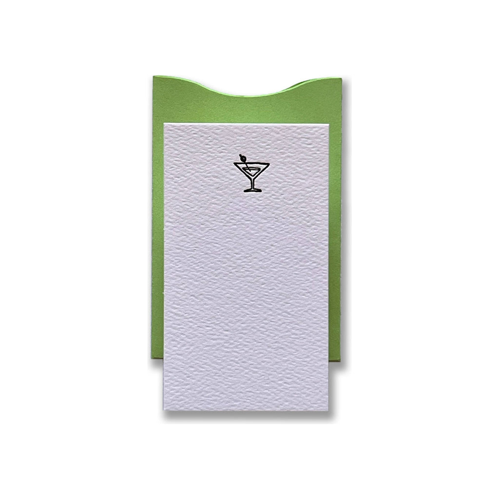 Cocktail letterpress enclosure card with martini glass motif in green paper sleeve holder