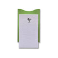 Cocktail letterpress enclosure card with martini glass motif in green paper sleeve holder
