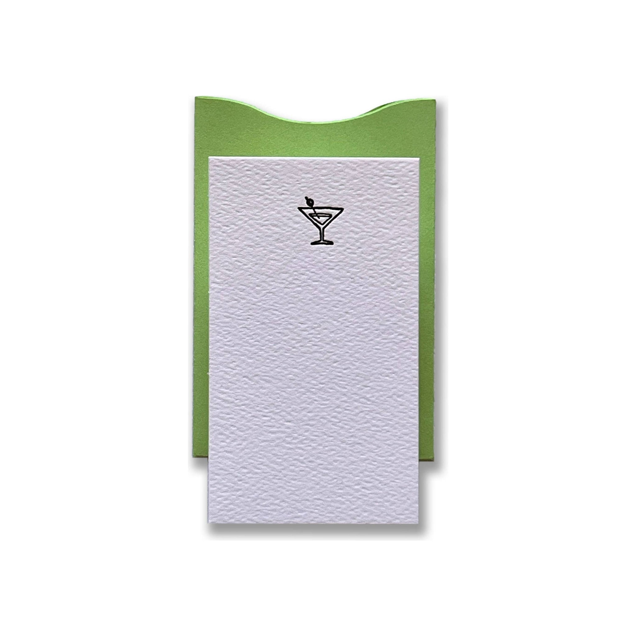 Cocktail letterpress enclosure card with martini glass motif in green paper sleeve holder