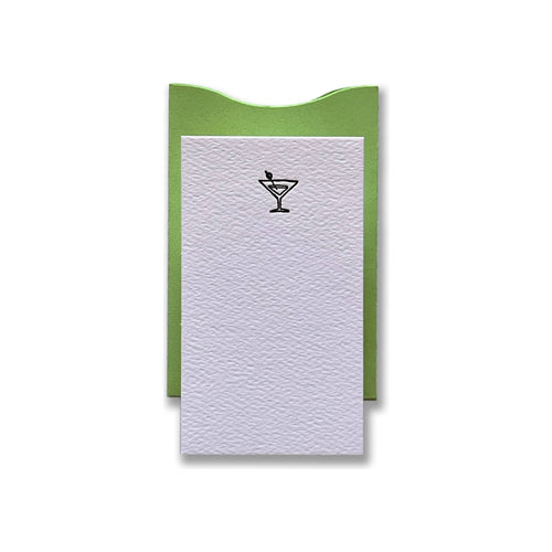 Cocktail letterpress enclosure card with martini glass motif in green paper sleeve holder