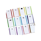 Assorted mini notepads with colorful spines and black icon designs, flat-lay arrangement on white background