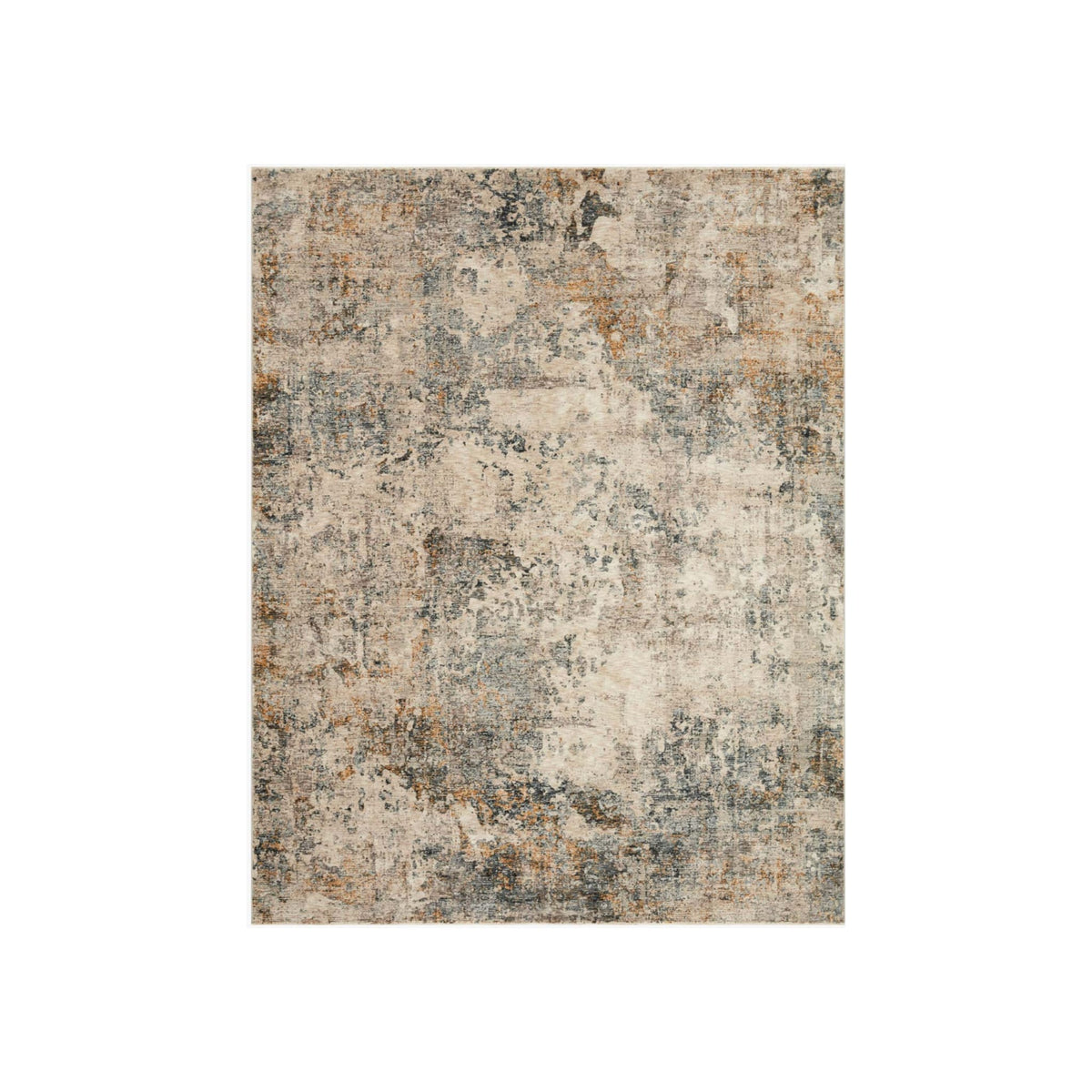Rug with abstract distressed pattern in cream, slate blue, and amber tones, flat lay orientation