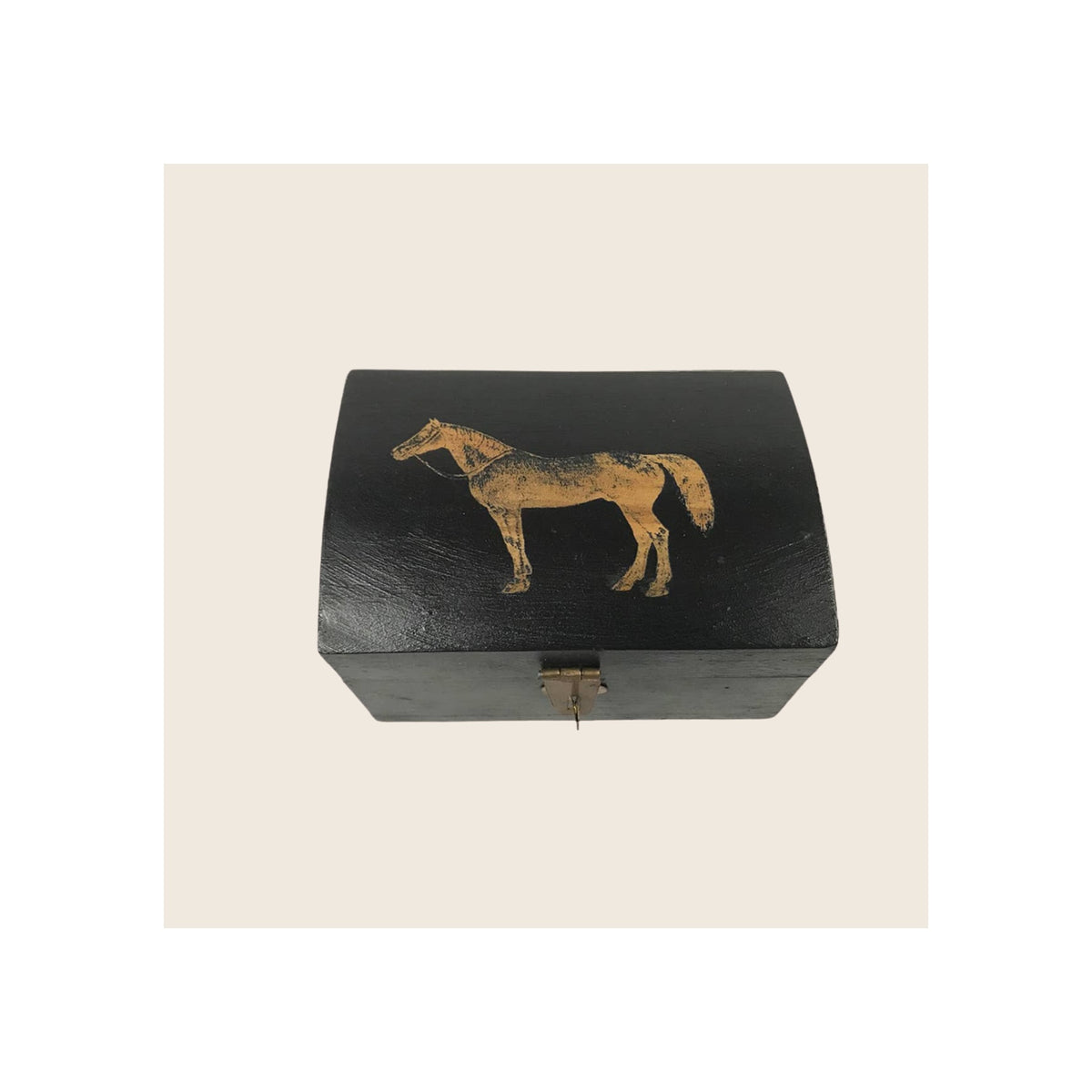 Wooden box black matte finish gold horse motif brass latch clasp angled top view