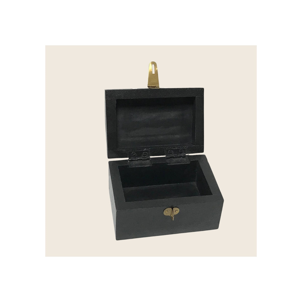 Small black mango wood box open, gold-tone latch and hinge hardware, empty interior