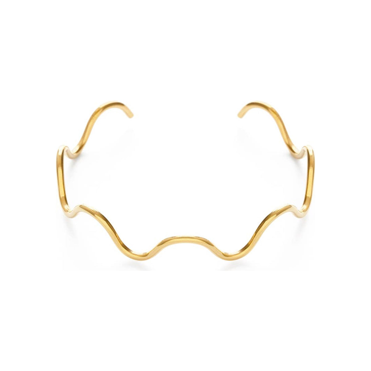 Squiggle cuff bracelet, gold-tone polished metal, open-ended double wave design, front view