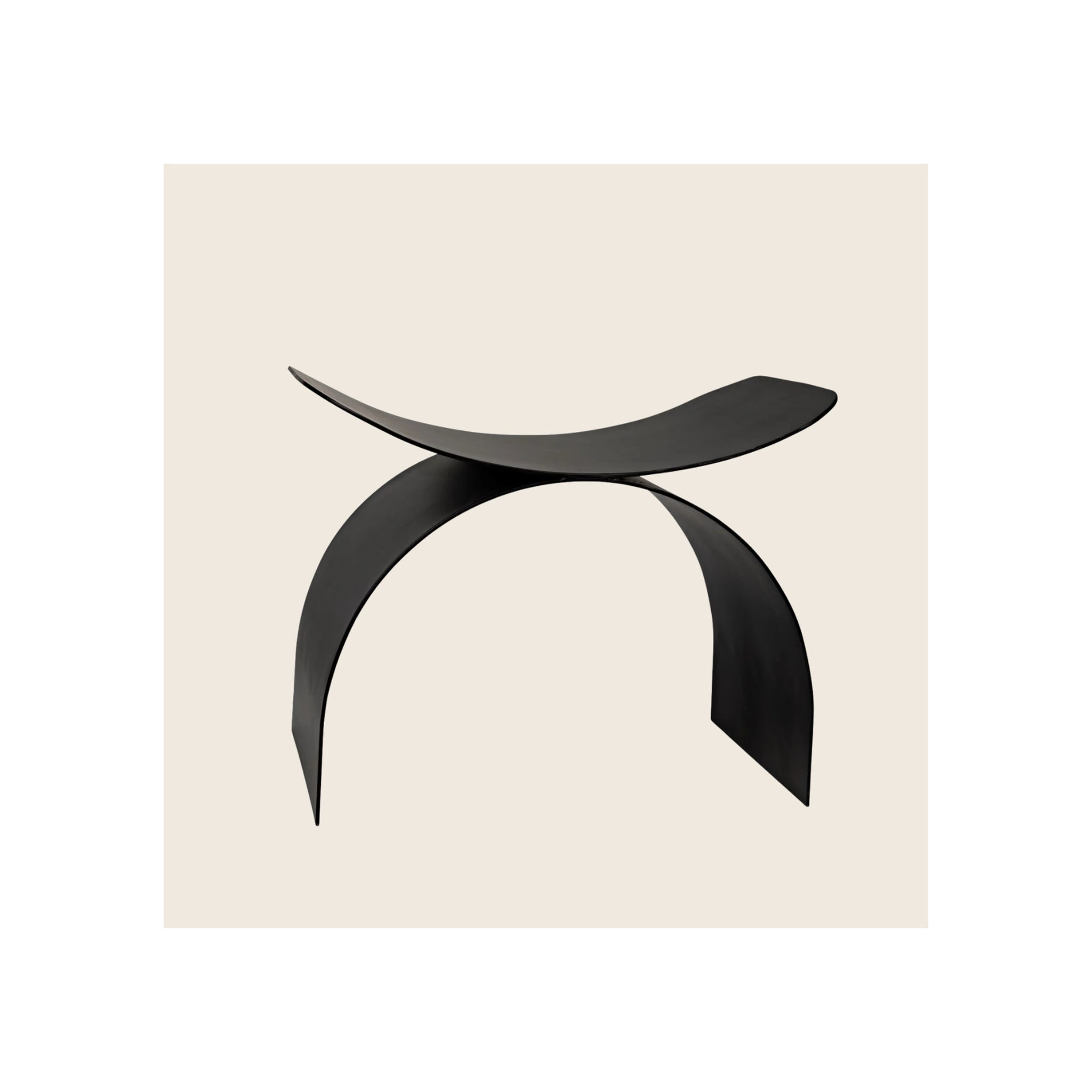 Stool, matte black metal, curved saddle seat, three arched blade legs, angled three-quarter view