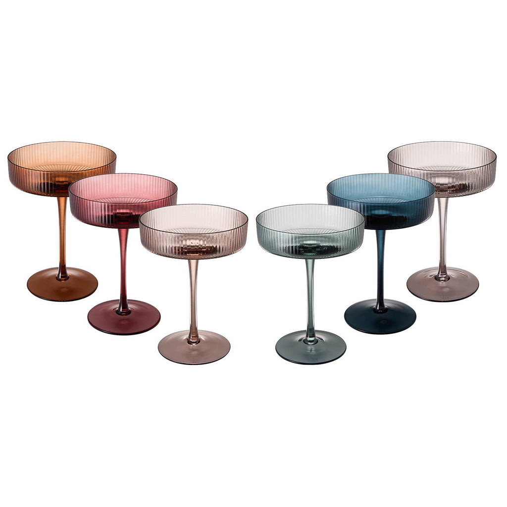 Art Deco Ribbed Pastel Coupe, & Cocktail Glasses - 6 Set