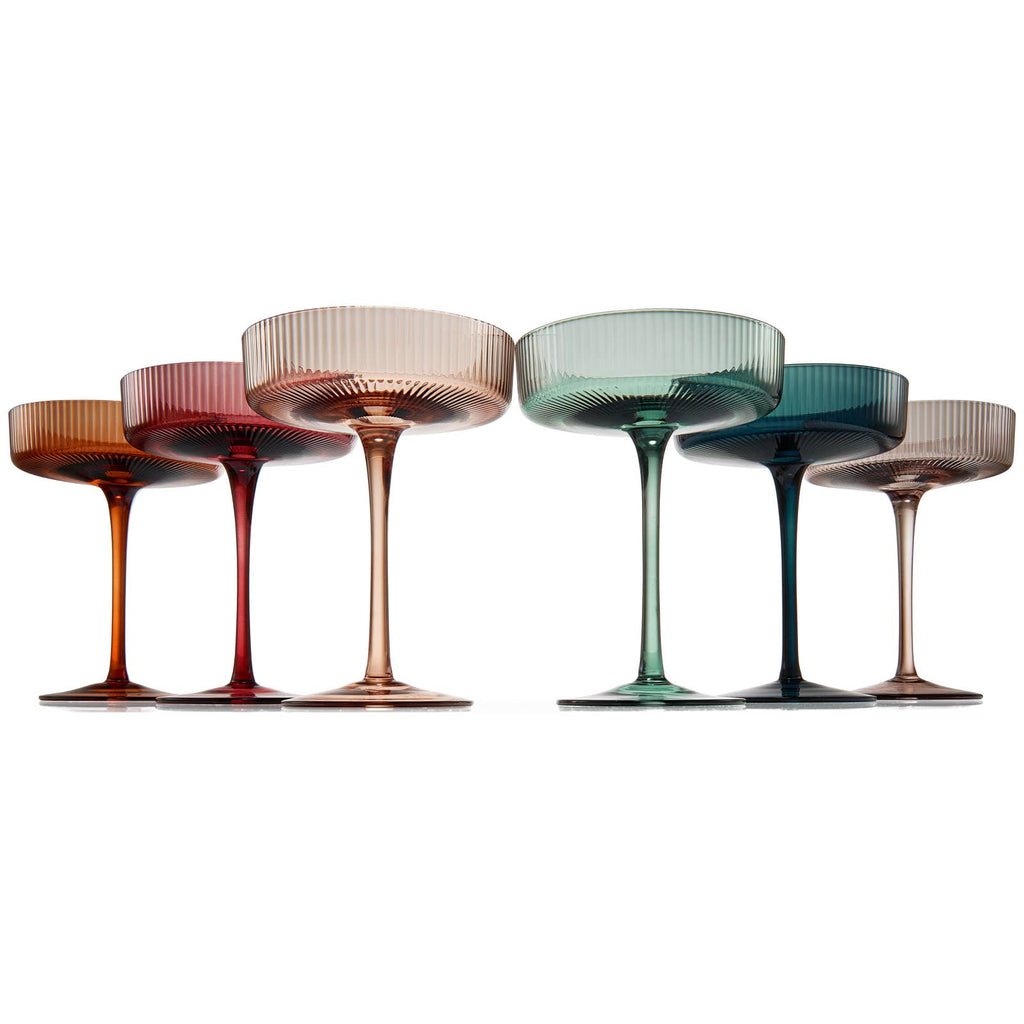 Art Deco Ribbed Pastel Coupe, & Cocktail Glasses - 6 Set