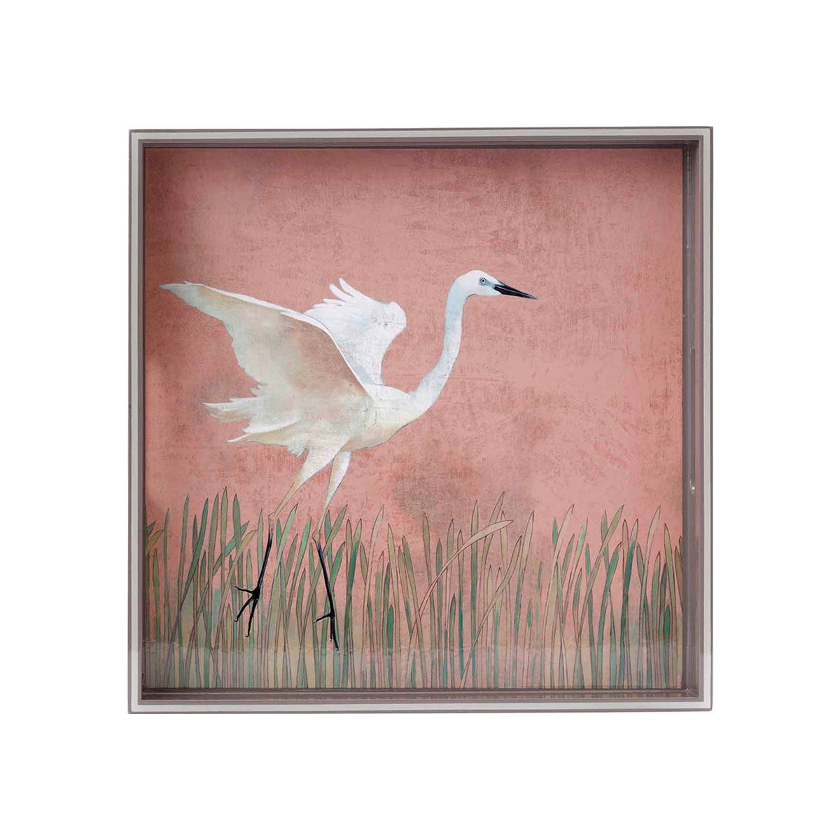 Square lacquer serving tray, white egret bird motif on dusty-rose pink background, silver-grey frame, top-down angle