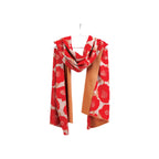 Scarf draped on hanger, red poppy floral print on cream, camel reverse side