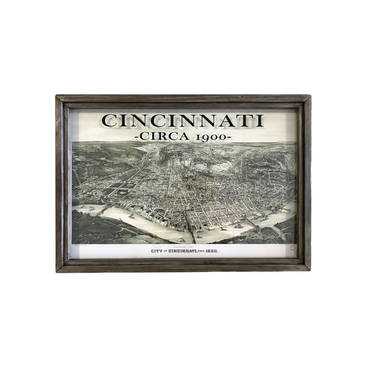 Framed map print of Cincinnati circa 1900, gray wood frame, bird's-eye panoramic view, landscape orientation