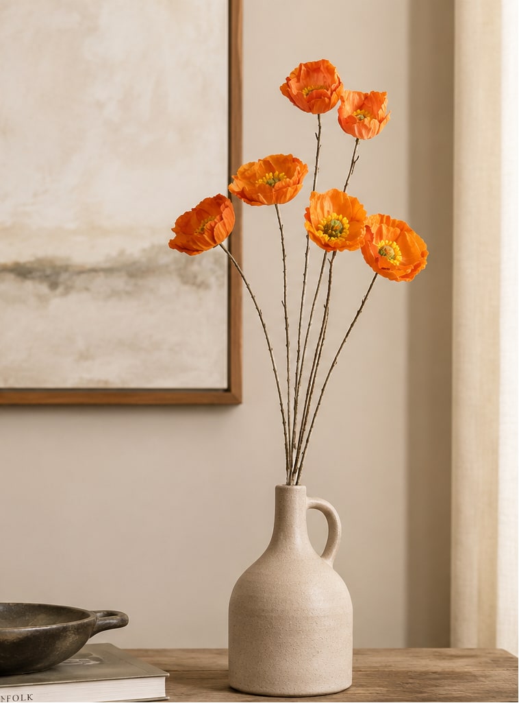 Poppy spray with six orange blooms and yellow centres in a stoneware jug vase